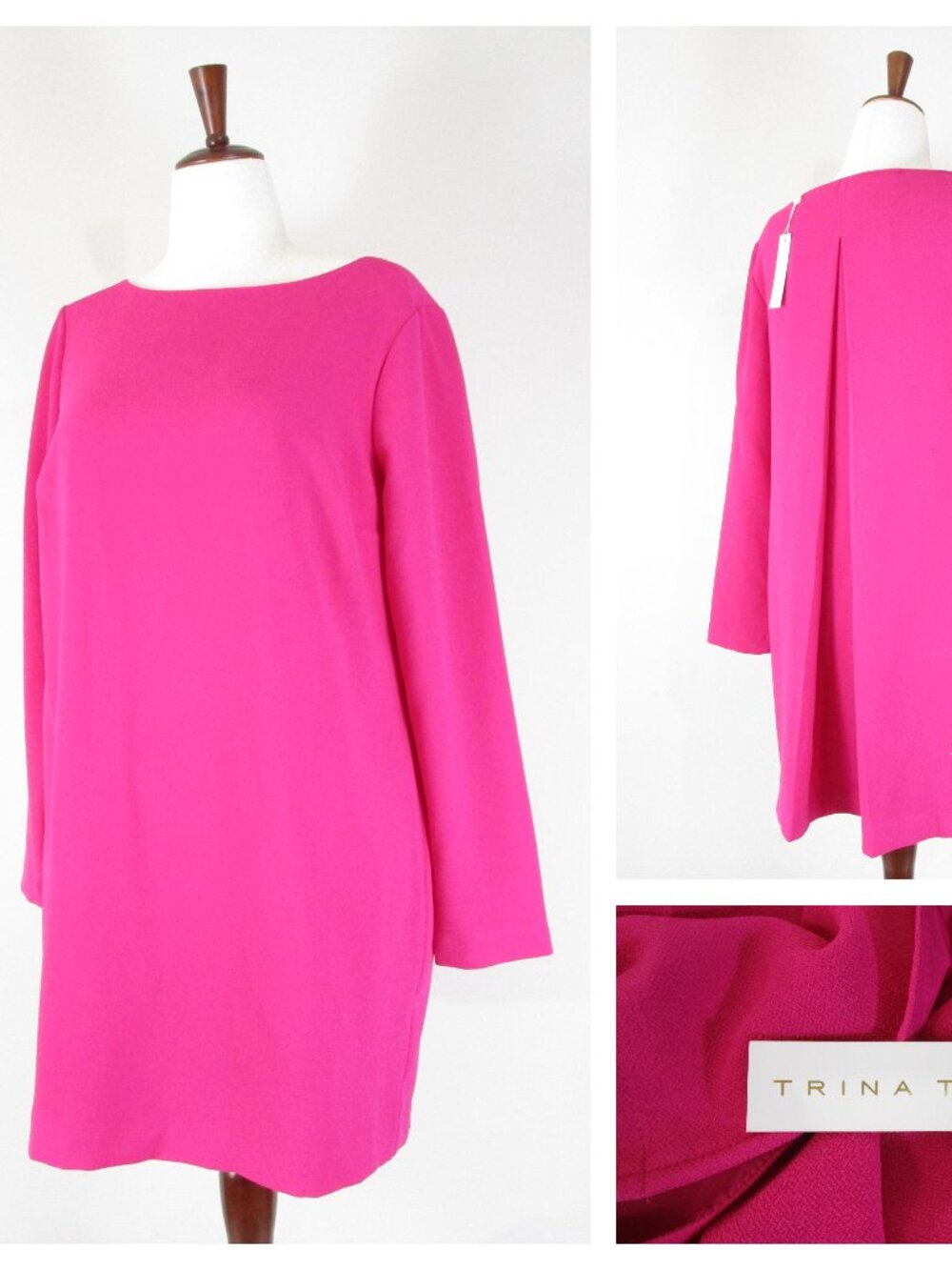 Trina Turk Solid Hot Pink Lavaliere Long Sleeve Shift Dress Size 10 NWT $248